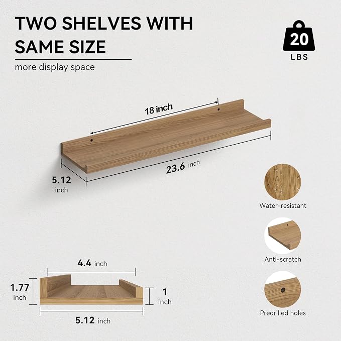 Boswillon Floating Shelves Set of 2, Long Wall Shelf with Lip, 24in, Oak | Display Ledge Shelf for Room Wall, Wall Decor Shelves for Bathroom, Living Room, Bedroom, Kitchen, Nursery Room, Rustic, Wood