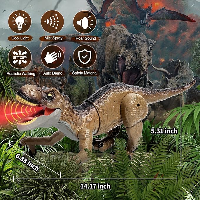 Sunrad Remote Control Dinosaur Toys for Kids 3-5 4-7 8-12 Year Old, Electronic RC Robot Dinosaur with Spray & Light & Roar, Realistic Walking T-Rex Toys Birthday Gifts for Boys Girls (Brown)