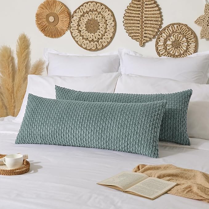 Kevin Textile Soft Corduroy 20"x54" Body Pillow Cover 1 Pack, Teal Green | Boho Stripe Plush Corduroy Decorative Oblong Cushion Cover Modern Farmhouse Home Decor for Sofa Couch Bed Chair