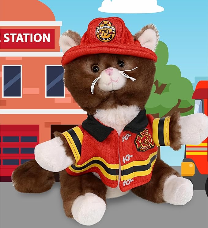 DolliBu Firefighter Dress Up with Holes in Helmet Set for Teddy Bear Plush Toy - Firefighter Hat and Stuffed Animal Clothes Set, Teddy Bear Costume Set with Fireman Helmet, Jacket and Pants - Small