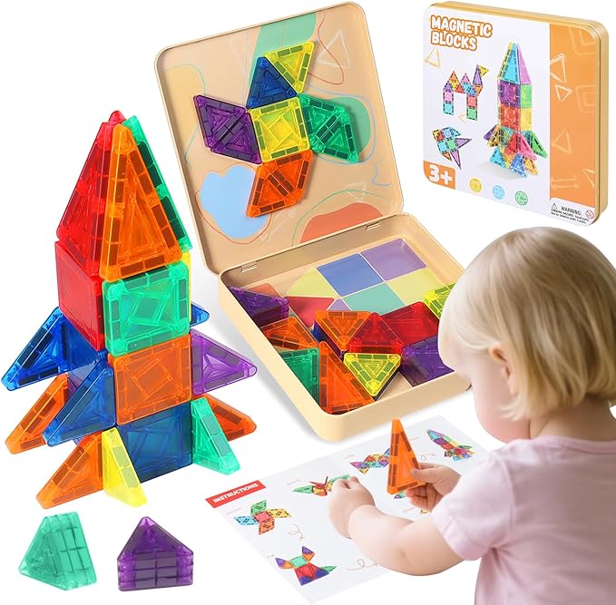 60 PCS Mini Magnetic Tiles, Travel Magnetic Tiles Magnetic Building Blocks with Iron Box, Portable Travel Toys for Kids Ages 4-8, STEM Learning Educational Construction Travel Toys for Toddlers 3-5