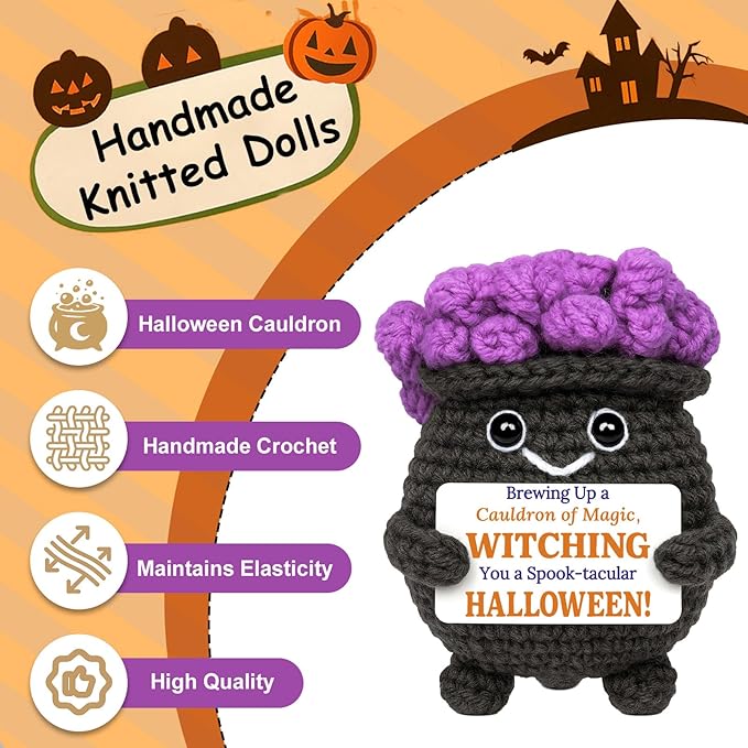 MAMAGIFTREE Crochet Cauldron Plush - Spooky Cute Halloween Decorations for Witchy Desk Decor, Mini Amigurumi Figurine for Tiered Tray, Kawaii Witchy Gift