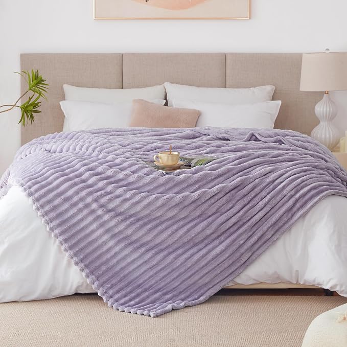 EXQ Home Fleece Blanket Queen Size for Couch or Bed - 3D Stripe Jacquard Decorative Blankets - Cozy Soft Lightweight Fuzzy Flannel Blanket Suitable for All Seasons(90"×90",Light Purple)
