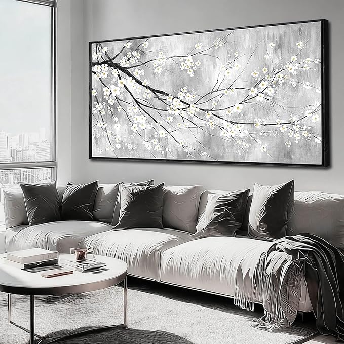 Large Black Framed Minimalist Plum Blossom Wall Art Living Room 29x58 Inch