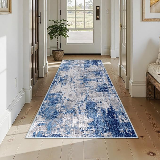 RELEANY Washable Runner 3'x7' Abstract Area Rug for Hallway Blue Gray | carpet for kitchen, entryway, bathroom, living room, bedroom, printed pattern, non-slip, soft, stain-resistant, easy to clean