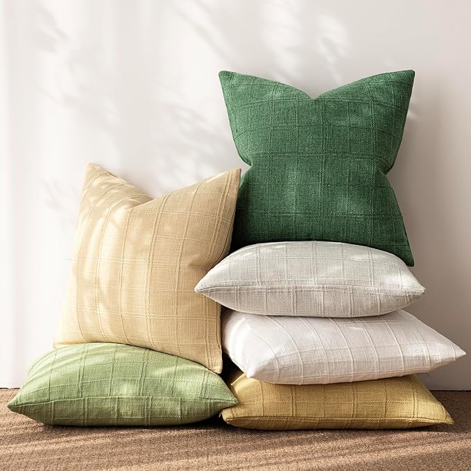 Foindtower Set of 2 Decorative Linen Check Throw Pillow Covers Neutral Farmhouse Lumbar Cushion Covers Modern Boho Accent Home Decor for Sofa Chair Couch Bedroom Living Room,12×24 Inch,Forest Green