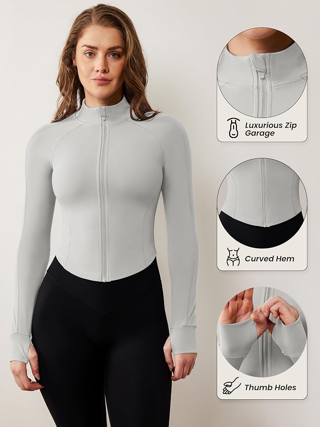AVGO Women's Workout Jacket Lightweight Zip Up Cropped Yoga Jackets Slim Fit Athletic Tops with Thumb Holes