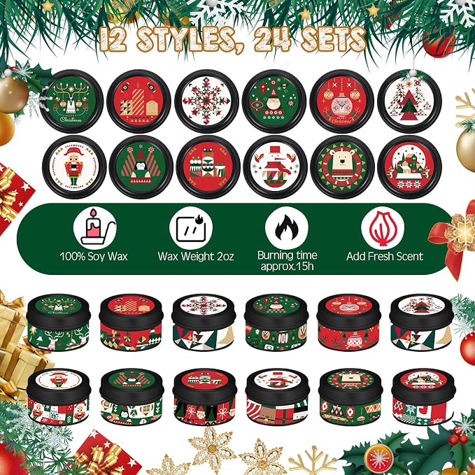 MTLEE 24 Sets Christmas Scented Soy Wax Candles Aromatherapy Candles with Organza Bag and Cards Bulk, Portable Travel Tin Candle Party Favors Christmas Gifts for New Year Home Supplies (Abstract)