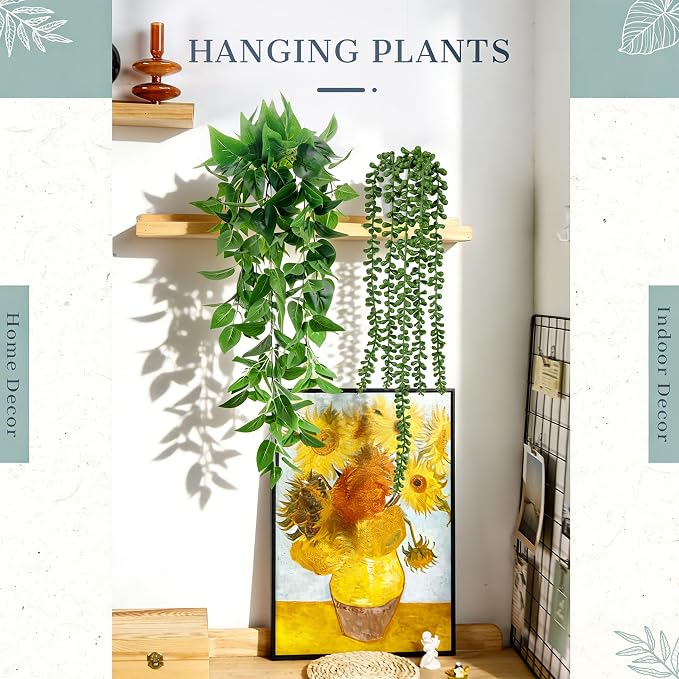 Der Rose 4Pcs Fake Hanging Plants with White Pots for Bright Shelf Decor | Faux Plants Indoor with mixed cascading styles add clean contrast and depth to mondern bathroom, kitchen, bedroom, wall decor