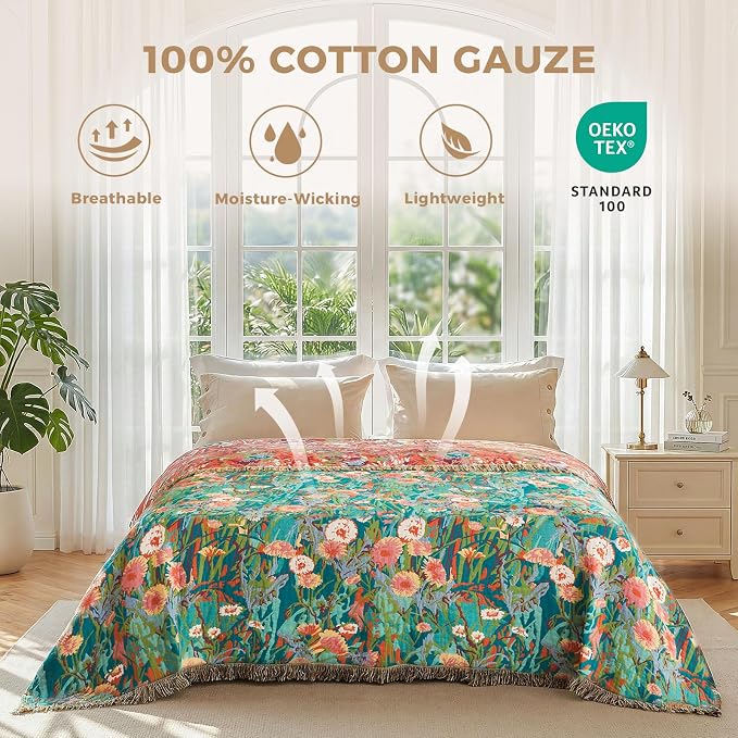LUTBM Boho Throw Blanket for Couch 50"x60", Cotton Decorative Bed Throw | Reversible Florals Embroidery, All-Season Lightweight Breathable Blankets, For Chair Sofa Living Room Bedroom