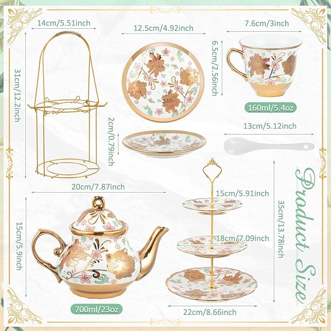 Maxcheck 21 Pcs Porcelain Tea Set for Women Tea Party with Metal Holder and 3 Tier Cake Stand Ceramic European Floral Teapot Set for Adults Mother's Day Christmas Thoughtful Gift(Classic Style)
