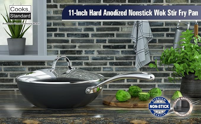 Cooks Standard Classic 11-Inch Hard Anodized Nonstick Wok Stir Fry Pan | 3-Qt Deep Frying Pan with Vented Glass Lid, Stay-cool Handle, Flat Bottom Wok fits most Stovetops, Not Induction