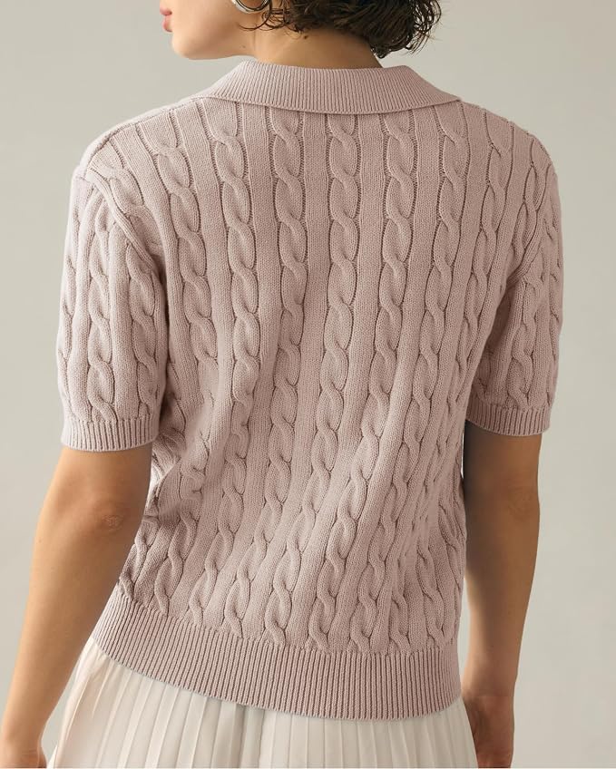 Imily Bela Womens Cable Short Sleeve Sweaters Tops Lapel V Neck Knit Shirt | Solid,Knit Casual,Soft Pullover,Fall Sweaters,Womens Summer Work Tops