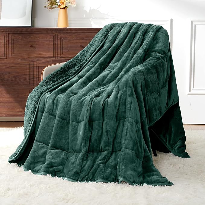 Uttermara Blankets for Adults Queen Size, 20lbs 60x80 inches Blanket with Soft Warm Plush Sherpa Fleece, Washable Thick Throw, Green