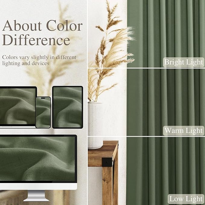 Nanspring Linen Curtains 40 Inch Length 2 Panels for Kitchen Basement Olive Green Semi Sheer Curtains Back Tab and Rod Pocket Neutral Drapes for Small Window/Loft Room, 34 x 40 Inch