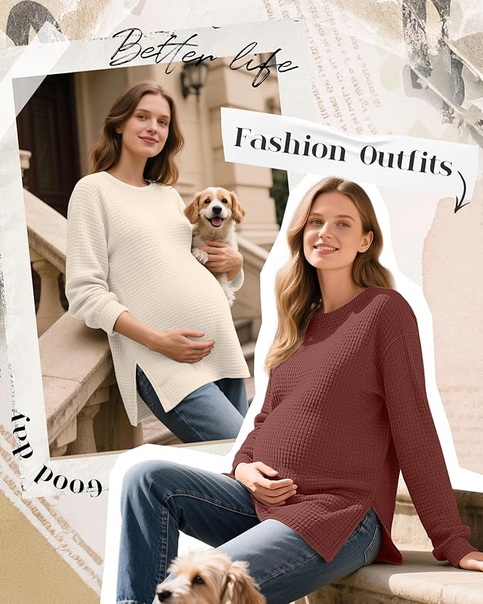 3 Pack Women's Maternity Shirts Long Sleeve Waffle Knit Side Split Oversized Tops Pregnancy Clothes Fall Tees