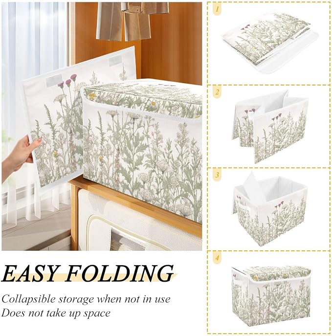 Kigai Collapsible Herbal Wildflowers Storage Basket with Lids and Handles,Storage Bins for Shelves Closet Bedroom,Office Storage
