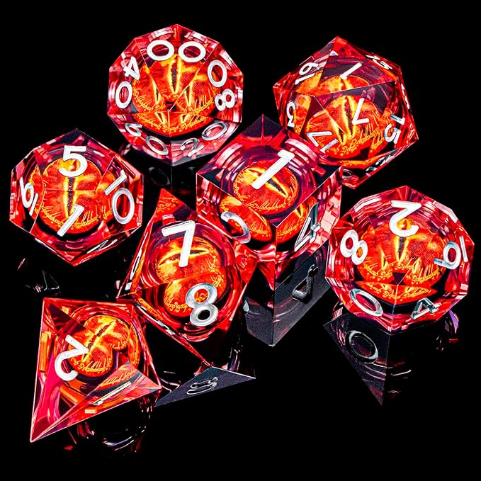 ARUOHHA DND Resin Dice Gazes Eye Dice Silver Red Liquid Core Flaming RPG Sharp Edged Dice Set with Gift Box, Polyhedral D and D Dice Set Compatible with Dungeons Dragons Role Playing Game D20 D6