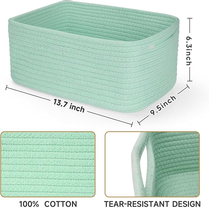 3 Pack Storage Baskets for Organizing, 13.7×9.5×6.3", Cream Green | Woven Baskets for Shelves, Cotton Rope Basket for Gifts Empty, Closet Organizer Bins with Handles, Cube Decorative Box