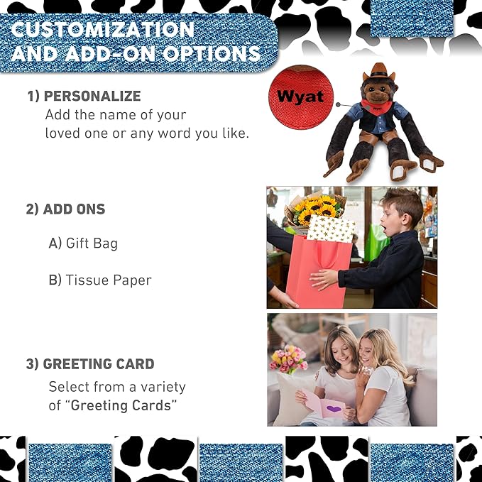 DolliBu Black Capuchin Monkey Stuffed Animal Cowboy Plush with Name Personalization - Western-Themed Monkey Plush with Cute Cowboy Costume Denim Shirt Vest, Bandana, Leather Pants, and Hat - 21 Inches