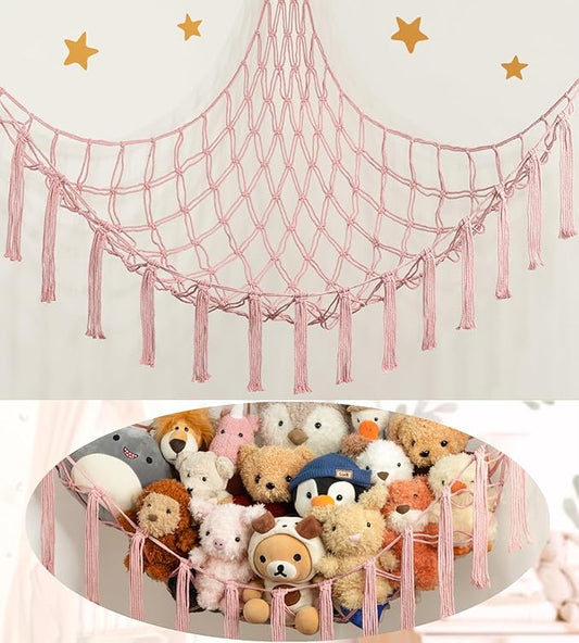 Stuffed Animal Storage Hammock or Net Corner - Large Toy Hammock Net for Stuffed Animals Room Decor - Cute Stuff Animal Organizer Plush Holder - Kids Baby Nursery Essentials Wall Bedroom Home Decor