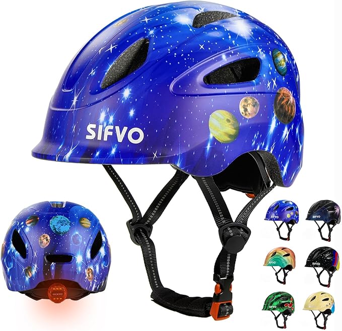 Kids Bike Helmet with LED Light, SIFVO Youth Toddler Boys Girls Helmets,2 Size Adjustable for Ages 3-5-10,Multi-Sport for Bicycle, Scooter, Skateboard,46-55cm
