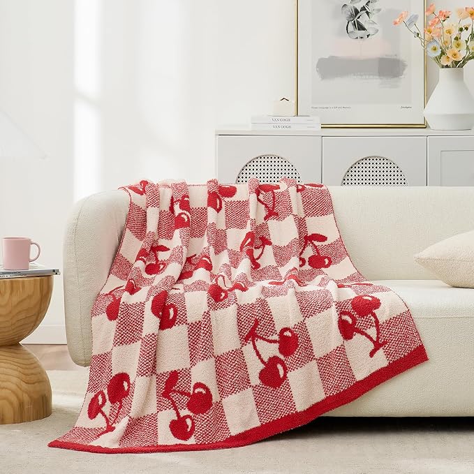 Snuggle Sac Red Cherry Throw Blanket for Couch, Microfiber Fluffy Warm Cozy Fuzzy Reversible Checkered Blankets for Sofa, Chair, Bed, 50x60 inches