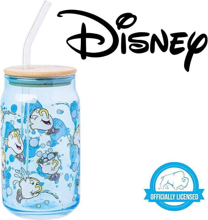 Silver Buffalo Disney Beauty and the Beast Featuring Chip Teacup Blue Glass Jar Tumbler with Bamboo Lid and Glass Straw, 16 Ounces