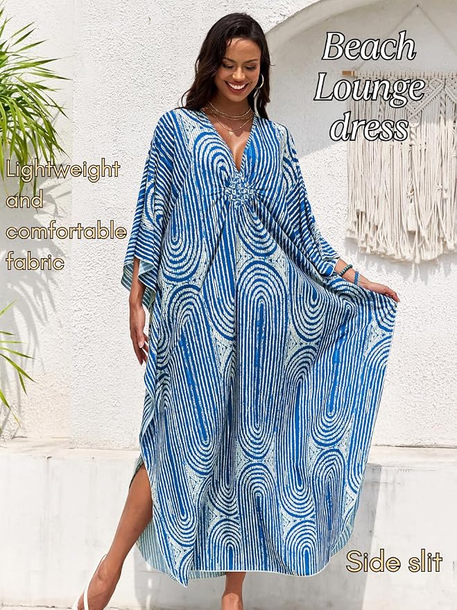 ChiaoLezhee Print Moo-Moos for Women, Kaftan Cover-Up Dresses, Sexy V-Neck High-Slit, Beach Pool-Party Coverups Muumuu Plus