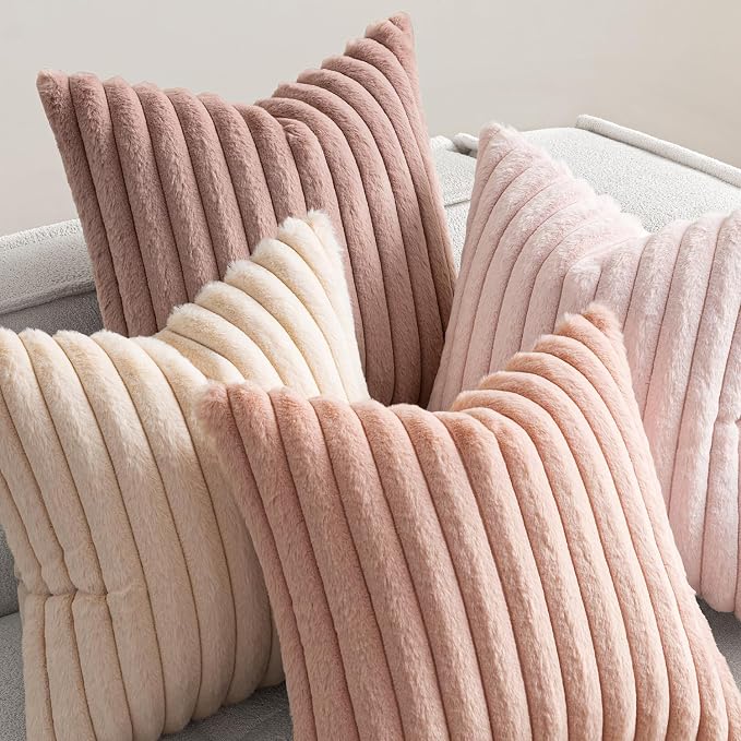 MIULEE Faux Fur Plush Euro Decorative Throw Pillow Covers 24x24, Pink | Set of 4, Striped, Soft Cute Romantic Modern Cozy Home Decor, Cushion Cases for Sofa Couch Bed Living Room