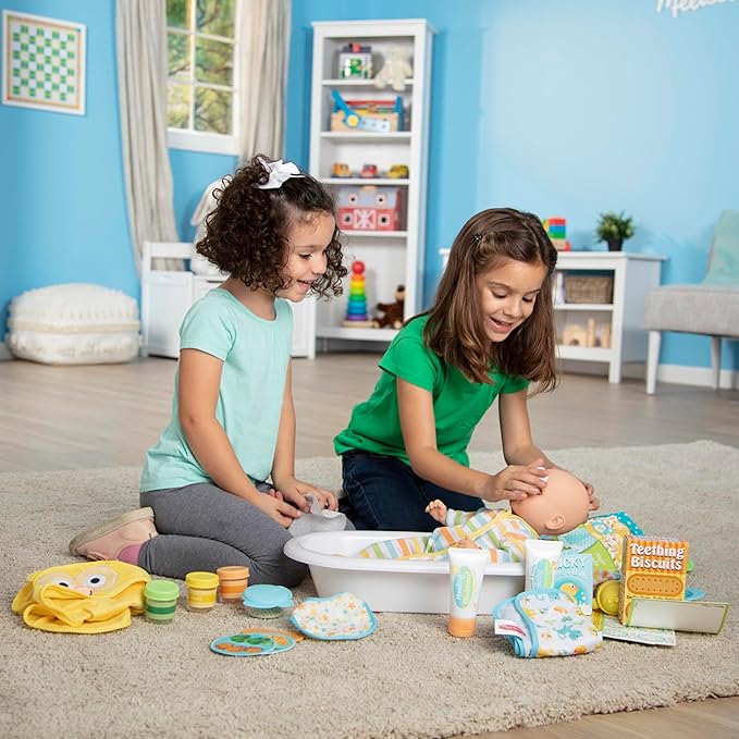 Melissa & Doug Mine to Love Deluxe Baby Care Play Set (48 Pieces – Doll + Accessories to Feed, Bathe, Change, and Cuddle)