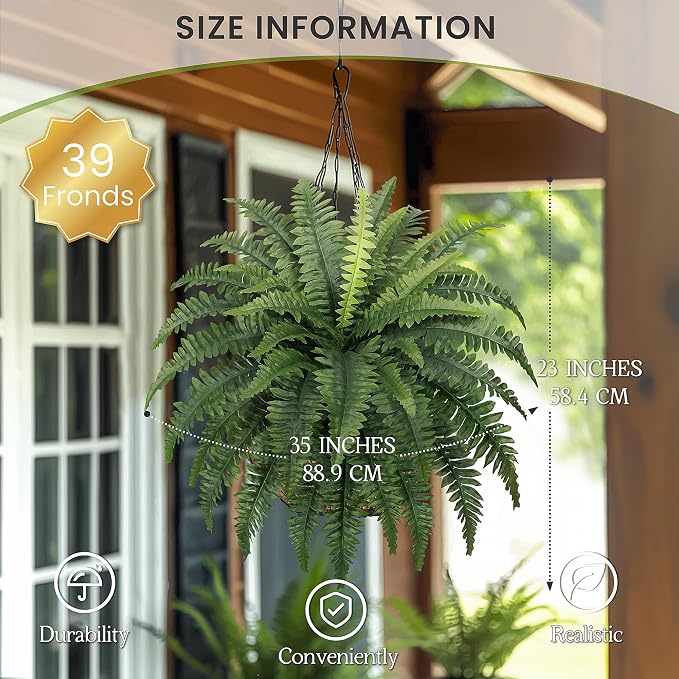 FOREST PRINCE 35" Ferns Artificial Bush Plants Large, 2 Artificial Boston Ferns with 39 Fronds for Outdoors Home Decor