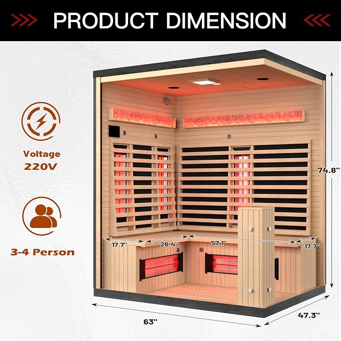 3-4 Person Infrared Sauna, Home Sauna with Himalayan Salt Panel & 10 Minutes Warm-up System, Indoor Sauna Spa Room with Canadian Hemlock&Panoramic Tempered Glass,220V