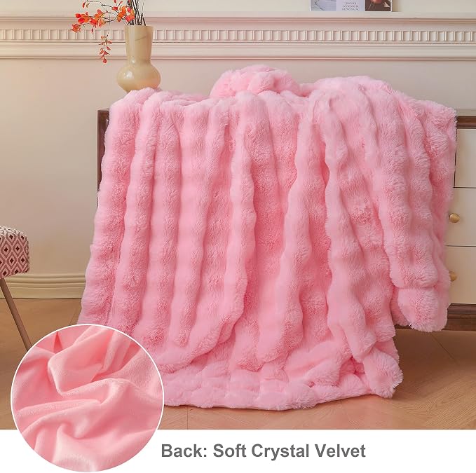 LIFEREVO Luxury Fluffy Faux Rabbit Fur Throw Blanket 60x80, Pink | Plush Fuzzy Bubble Lap Throw for Couch Sofa Office, Soft Cozy Furry Bed Blanket Home Decoration, Washable & Skin-friendly