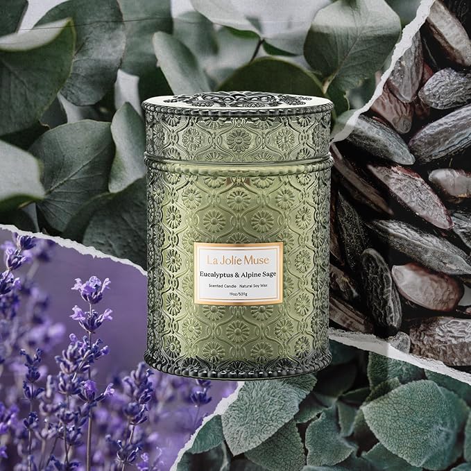 LA JOLIE MUSE Eucalyptus Sage Fresh Scented Candles for Home, 19 oz Soy Wax | Large Jar Luxury Candle, Clean Non Toxic, Gift for Women & Men, Relaxing Aromatherapy Candle, Decorative Candles, Wood Wick