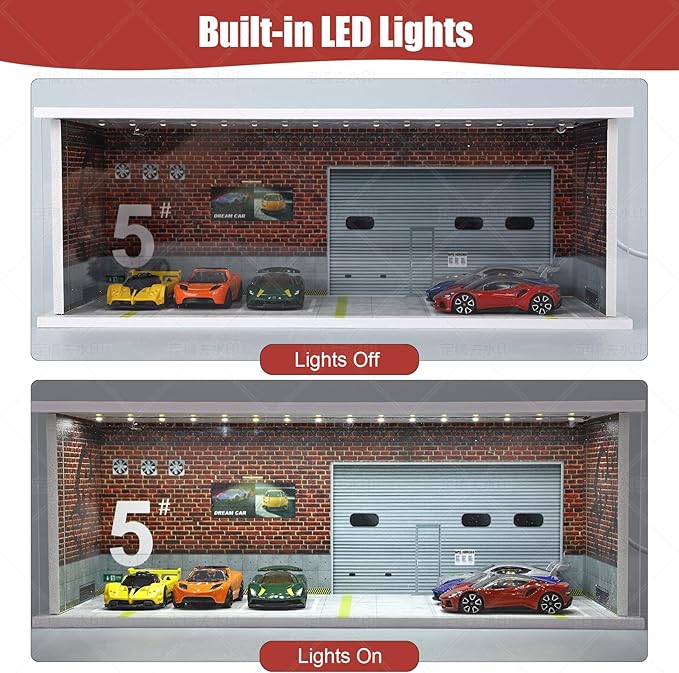 Display Case for Hot Wheels: Stackable Parking Garage for 1/64 Scale Matchbox Toy Car, Foamboard Storage for Monster Trucks with LED Light and Acrylic Cover, Supply Store