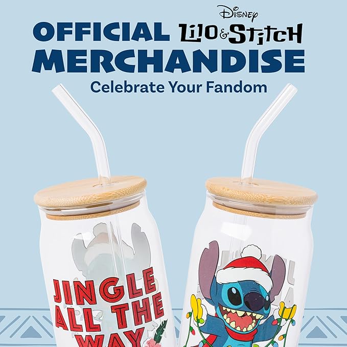 Silver Buffalo Disney Lilo and Stitch “Jingle All the Way” Glass Tumbler with Bamboo Lid and Glass Straw Featuring Stitch, 16 Ounces