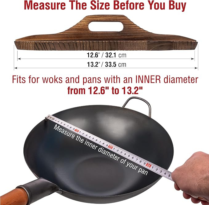 YOSUKATA Carbon Steel Wok Pan 13,5 “ + Premium Wok Cover 13.5 inch Pan Lid + Natural Wooden Long Cooking Chopsticks Set of 3 pairs