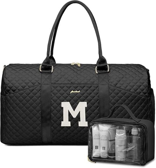 Women Weekender Travel Duffle Bag: Initial Duffel Overnight Bags with Shoe Compartment Large Carry on Tote with Toiletry Bag Weekend Traveling Yoga Gym Hospital Bag for Women with Wet Pocket Letter M