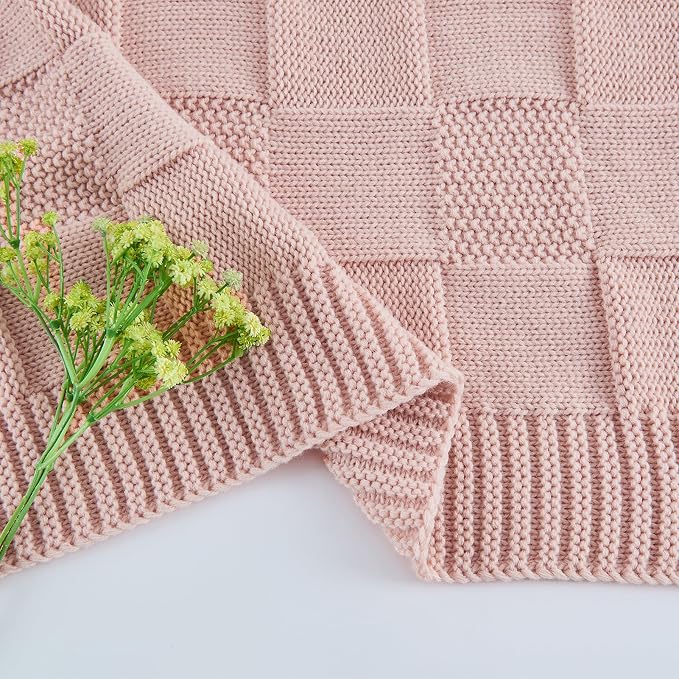 CozeCube Pink Knitted Checkered Throw Blanket 50"X60" | Check Knit Throw for Couch, Decorative Christmas Soft Cozy Warm Blanket for Bed Sofa Living Room