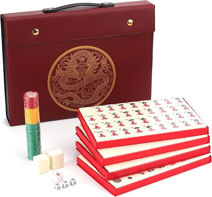Mose Cafolo Chinese Mahjong Game Set 1.5" X-Large 144 Numbered White Ivory Color Melamine Tiles with Carrying Travel Case,Complete Majiang, Majong, Mah-Jongg Game Set