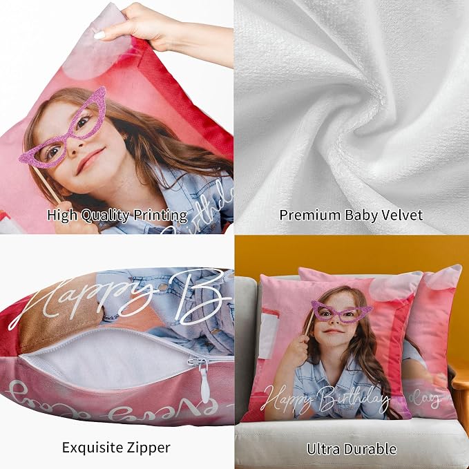 Easycosy Custom Velvet Pillow Cover, 24"x24", Personalized Photo & Text, Two-Sides, Multicolor, Modern, Love, Holiday, Home Office, Living Room, Customizable, Machine Wash