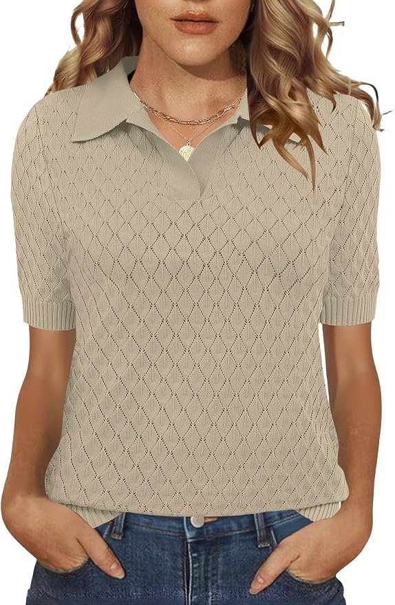 Rapbin Womens Short Sleeve Knit Polo Shirts Summer Spring Sweater Tops | Classic V Neck Collared Shirts Lightweight Business Casual Basic Fashion Pullover Polo Sweater for Work Formal Daily Wear