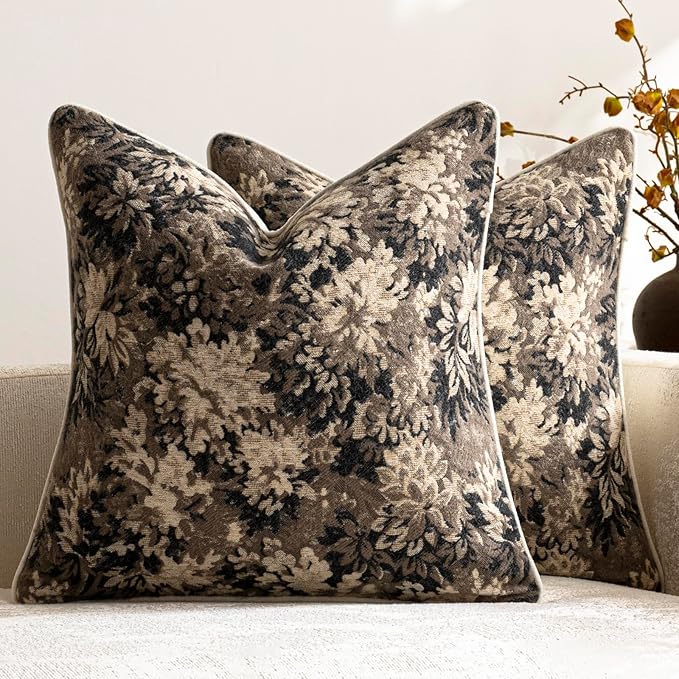 Pack of 2 Vintage Floral Throw Pillow Covers 16x16 Boho Farmhouse Accents Chenille Square Decorative Pillow Cases for Living Room Couch Bed Home Decor, Taupe