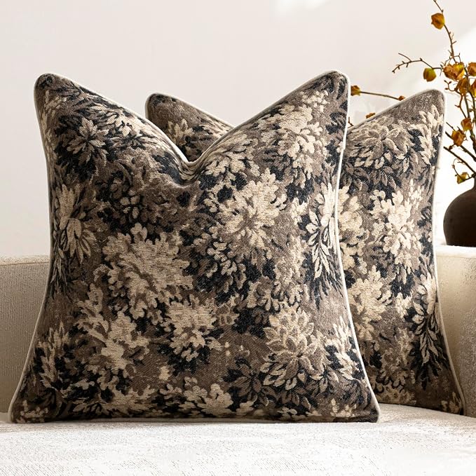 Pack of 2 Vintage Floral Throw Pillow Covers 18x18 Boho Farmhouse Accents Chenille Square Decorative Pillow Cases for Living Room Couch Bed Home Decor, Taupe