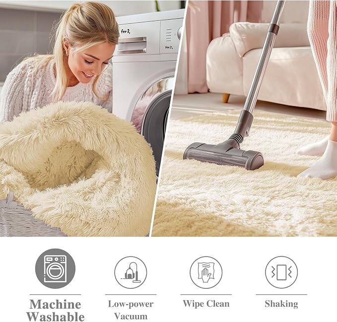 OLANLY Cream Round Rugs for Bedroom - Machine Washable, 5 ft Circle Area Rugs for Living Room, Soft and Fluffy Shaggy Carpet for Teen Girl and Boys, Nursery Rooms, Dorms, Home Decor Aesthetic