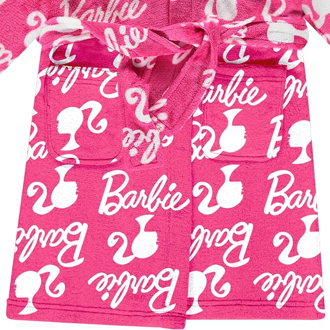 Barbie Girls Fleece Kids Hooded Robe - Super Soft Plush Kids Spa Bathrobe with Pockets, Girls Sizes 4-10 - Official Product