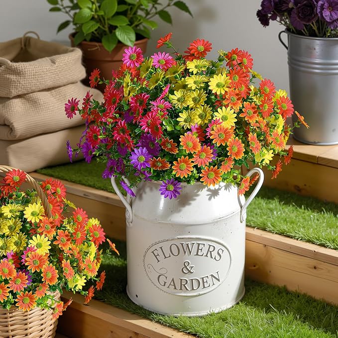 Alupssuc 20 Bundles Artificial Daisies Flowers Fake Silk Plant for Indoor Outdoor Decor, UV Resistant No Fade Faux Spring Flowers for Garden, Porch & Patio Decoration,RedRosyPurpleYellowOrange