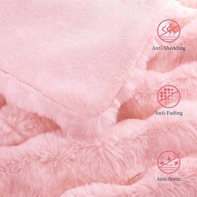 Faux Rabbit Fur Throw Blanket for Couch, Pink Throw Blankets 50"x60" | Cozy Reversible Fluffy Throw, Luxury Plush Thick Bubble Blanket, Mothers Gifts for Women, Soft Warm for Bed, Home Decor
