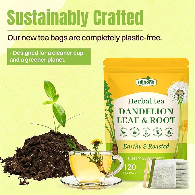 Hiihone Dandelion Root & Leaf Tea Bags 120 Count – Caffeine-Free Dandelion Herbal Tea, Supports Liver Cleanse, Detox & Digestion, Roasted Dandelion Root Tea, Natural Non-GMO